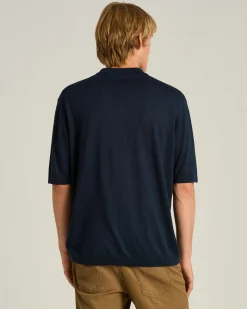 LIGHTWEIGHT KNIT SHORT SLEEVED POLO SHIRT BLUE NATURAL FIBER BLEND