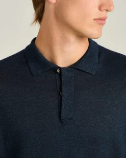 LIGHTWEIGHT KNIT SHORT SLEEVED POLO SHIRT BLUE NATURAL FIBER BLEND