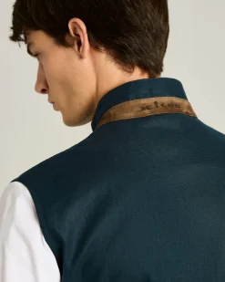 LINEN SLEEVELESS JACKET IN NAVY BLUE WITH LAMBSKIN COLLAR