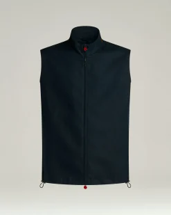 LINEN SLEEVELESS JACKET IN NAVY BLUE WITH LAMBSKIN COLLAR