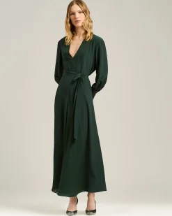LONG, BELTED DRESS IN PURE SILK DARK GREEN