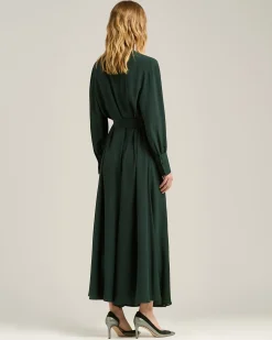 LONG, BELTED DRESS IN PURE SILK DARK GREEN