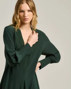 LONG, BELTED DRESS IN PURE SILK DARK GREEN