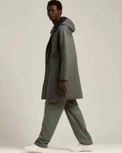 LONG OVERCOAT WITH HOOD IN PURE VIRGIN WOOL GREY