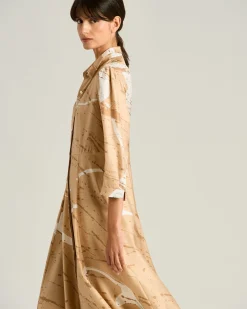 LONG PRINTED PURE SILK DRESS IN CAMEL