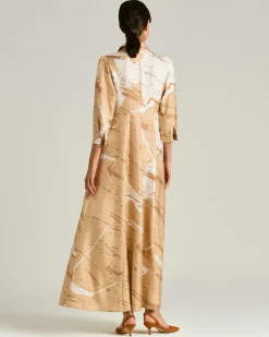 LONG PRINTED PURE SILK DRESS IN CAMEL