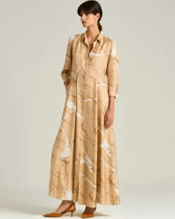 LONG PRINTED PURE SILK DRESS IN CAMEL