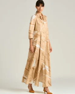 LONG PRINTED PURE SILK DRESS IN CAMEL