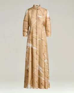 LONG PRINTED PURE SILK DRESS IN CAMEL