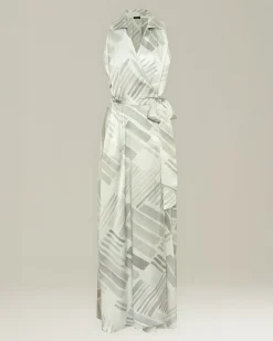 LONG SILK DRESS WITH ETHNIC BRUSH PATTERN