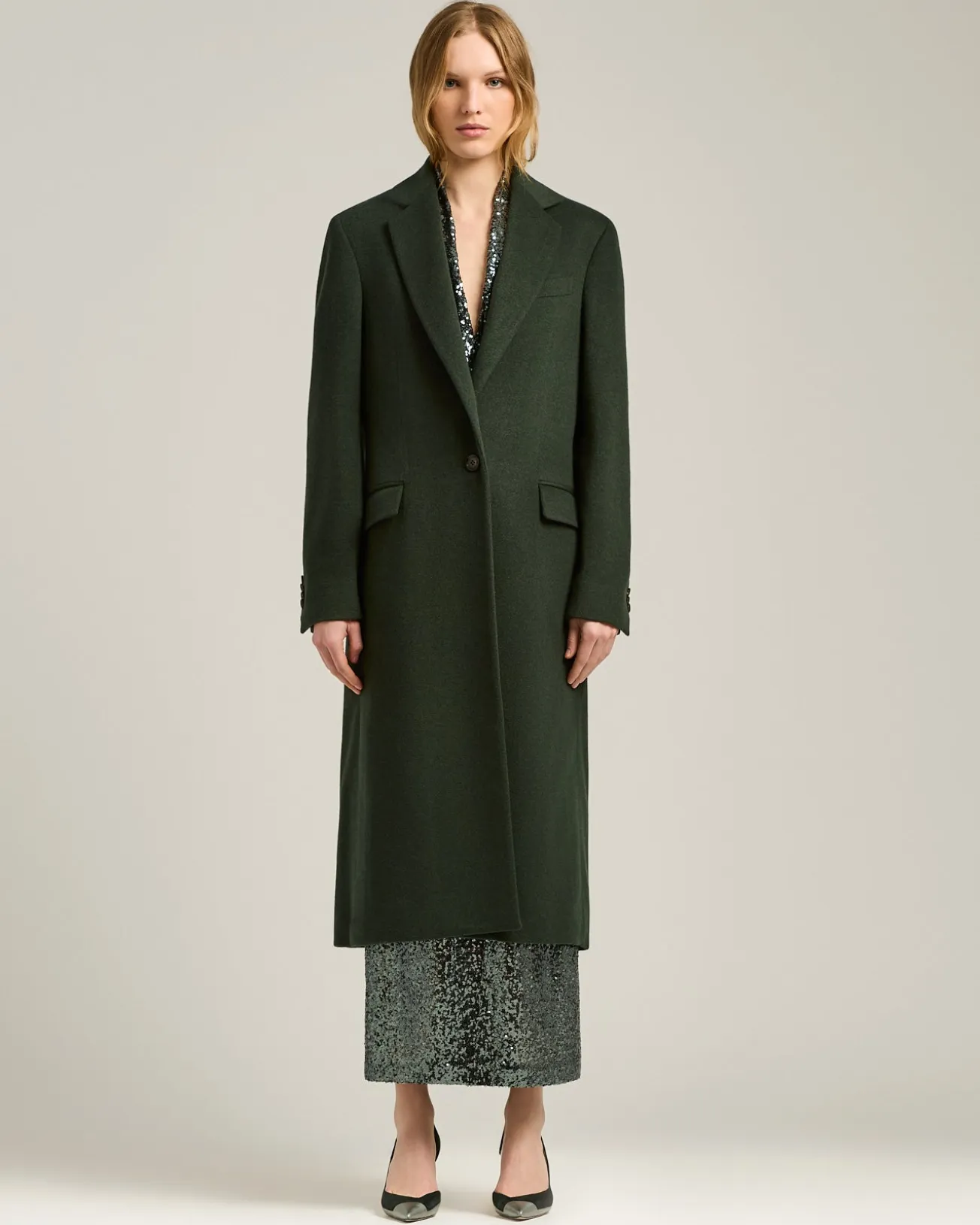 LONG SINGLE-BREASTED COAT IN PURE CASHMERE DARK GREEN