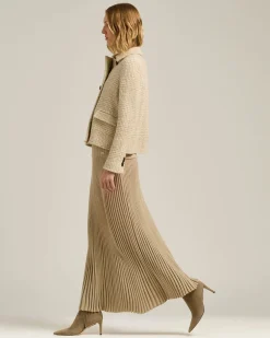 LONG SKIRT IN WOOL LAMÉ BEIGE WITH PLEATS
