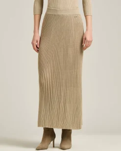 LONG SKIRT IN WOOL LAMÉ BEIGE WITH PLEATS