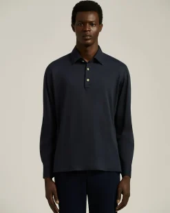 LONG-SLEEVE 'POSITANO' POLO IN NAVY COTTON JERSEY