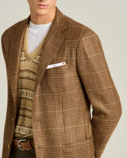 NATURAL BLEND CHECKED SINGLE-BREASTED JACKET BROWN WOOL CASHMERE SILK LINEN BLEND
