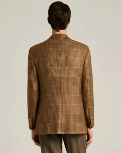 NATURAL BLEND CHECKED SINGLE-BREASTED JACKET BROWN WOOL CASHMERE SILK LINEN BLEND