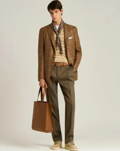 NATURAL BLEND CHECKED SINGLE-BREASTED JACKET BROWN WOOL CASHMERE SILK LINEN BLEND