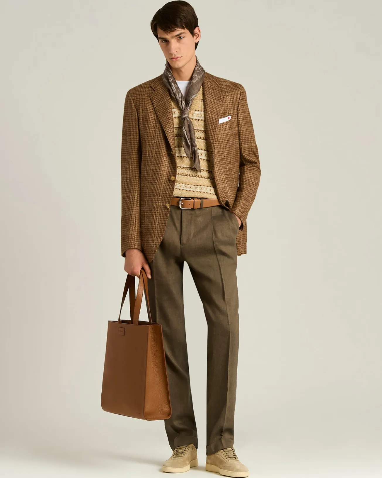 NATURAL BLEND CHECKED SINGLE-BREASTED JACKET BROWN WOOL CASHMERE SILK LINEN BLEND