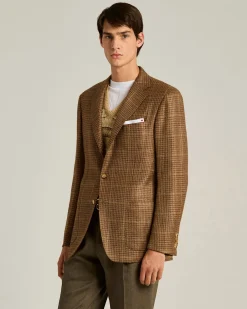 NATURAL BLEND CHECKED SINGLE-BREASTED JACKET BROWN WOOL CASHMERE SILK LINEN BLEND