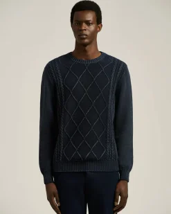 NAVY DIAMOND-PATTERN CASHMERE CREWNECK SWEATER