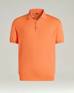 PEACH RIBBED COTTON POLO SHIRT WITH MOTHER OF PEARL DETAILS