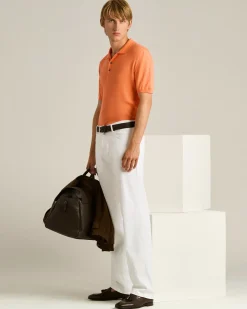 PEACH RIBBED COTTON POLO SHIRT WITH MOTHER OF PEARL DETAILS