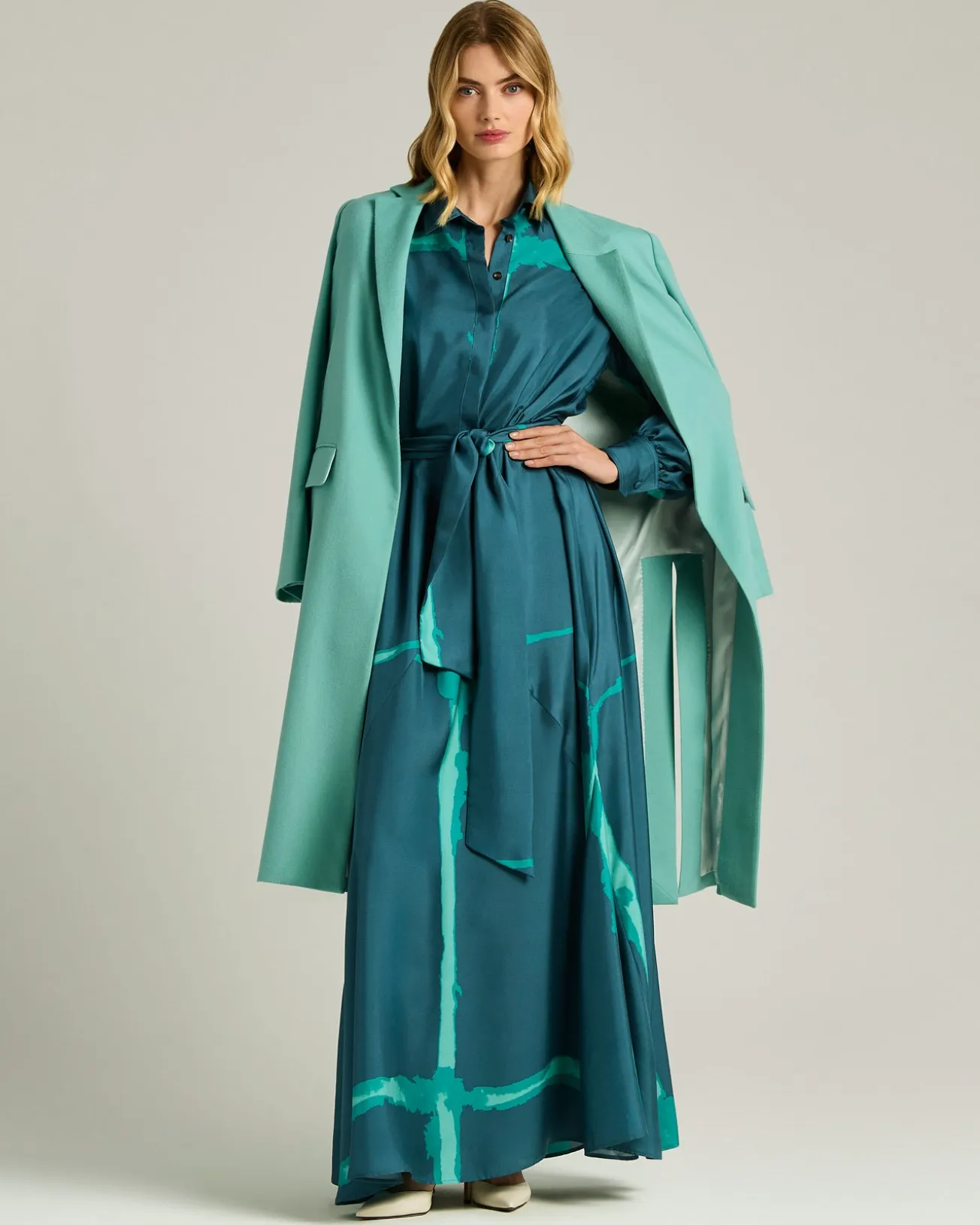 PETROLEUM GREEN LONG PRINTED SILK DRESS