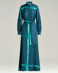 PETROLEUM GREEN LONG PRINTED SILK DRESS
