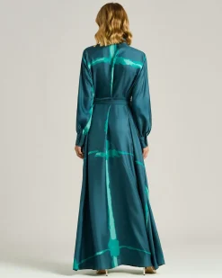 PETROLEUM GREEN LONG PRINTED SILK DRESS