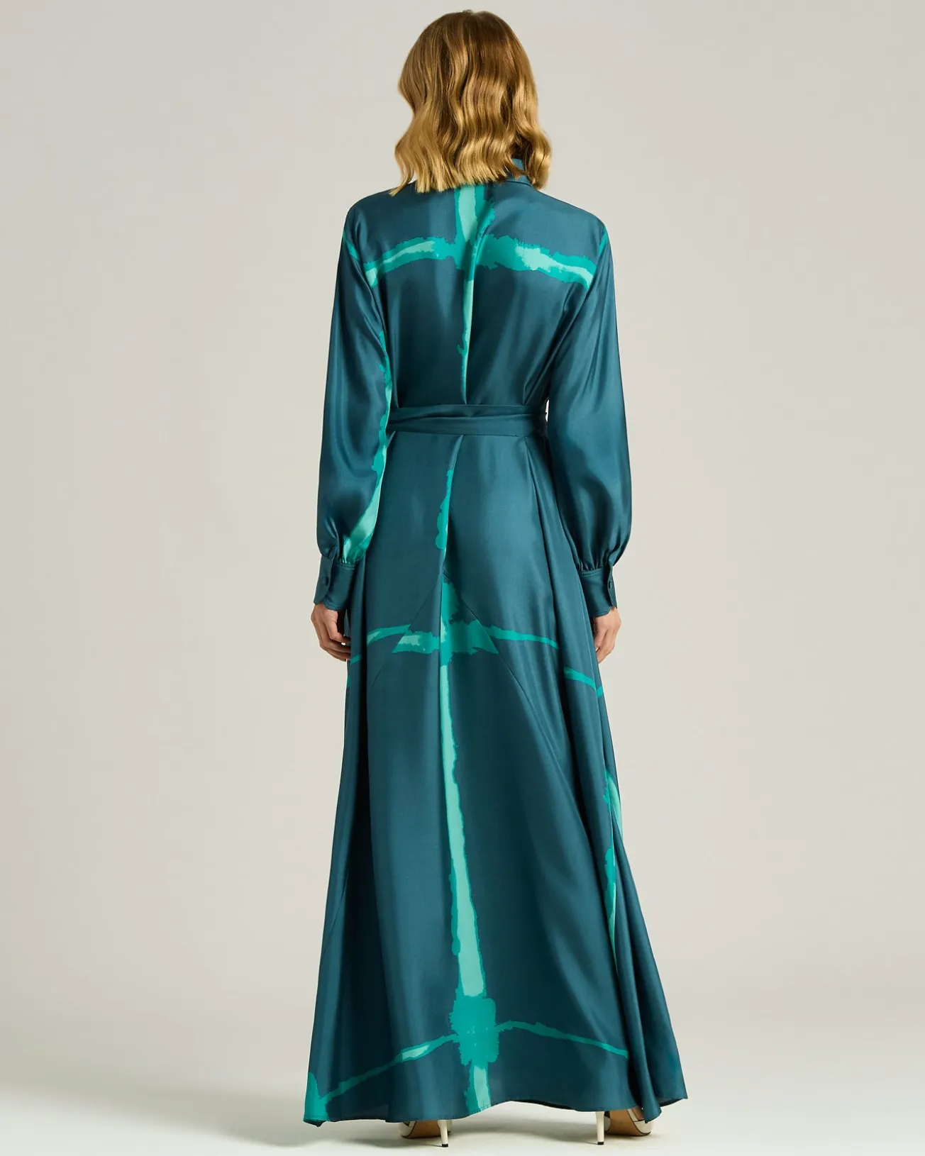 PETROLEUM GREEN LONG PRINTED SILK DRESS