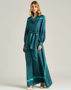 PETROLEUM GREEN LONG PRINTED SILK DRESS