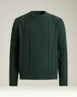 PINE GREEN CABLE-KNIT CASHMERE CREWNECK SWEATER