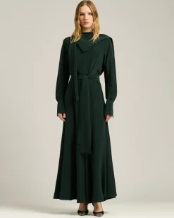 PINE GREEN LONG SILK DRESS WITH DRAPED NECKLINE