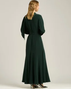 PINE GREEN LONG SILK DRESS WITH DRAPED NECKLINE