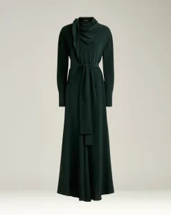 PINE GREEN LONG SILK DRESS WITH DRAPED NECKLINE