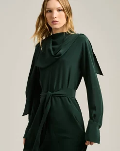PINE GREEN LONG SILK DRESS WITH DRAPED NECKLINE