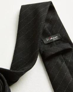 PINSTRIPE TIE IN VIRGIN WOOL DARK GREY WITH WHITE STRIPES