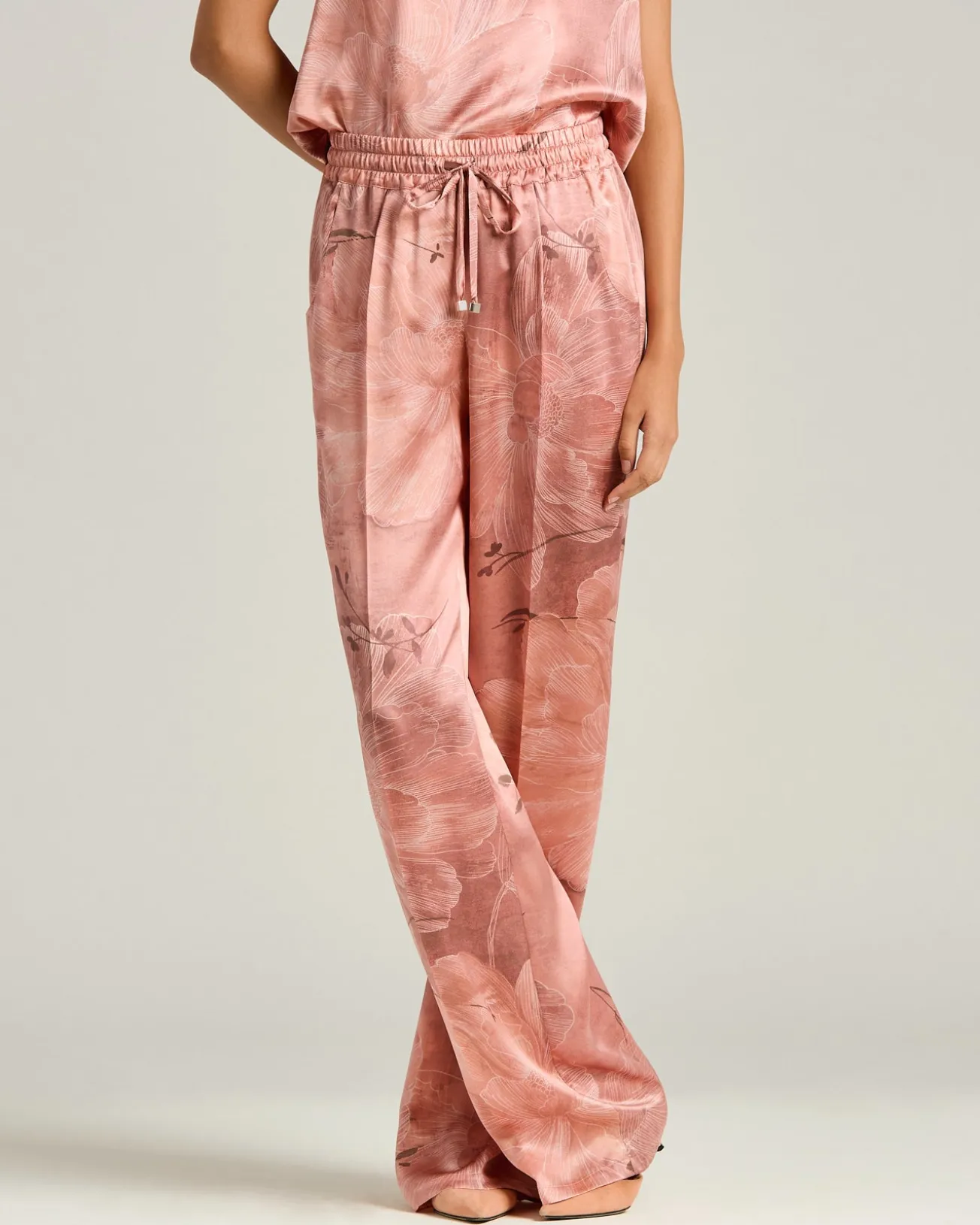 PRINTED PURE SILK TROUSERS IN ROSE