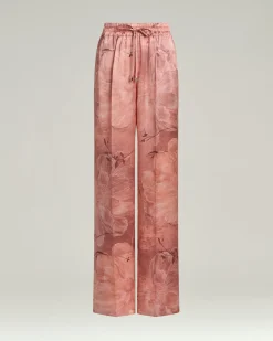 PRINTED PURE SILK TROUSERS IN ROSE