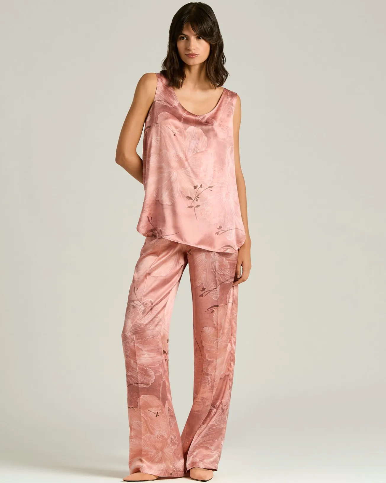 PRINTED PURE SILK TROUSERS IN ROSE