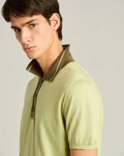 PURE COTTON POLO SHIRT WITH CONTRASTING COLLAR IN PISTACHIO AND MOSS GREEN