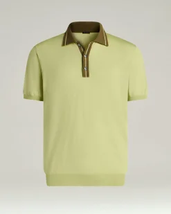 PURE COTTON POLO SHIRT WITH CONTRASTING COLLAR IN PISTACHIO AND MOSS GREEN