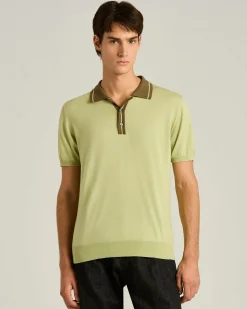 PURE COTTON POLO SHIRT WITH CONTRASTING COLLAR IN PISTACHIO AND MOSS GREEN