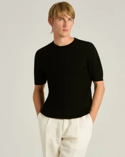 PURE COTTON SHORT-SLEEVED CREWNECK SWEATER IN BLACK