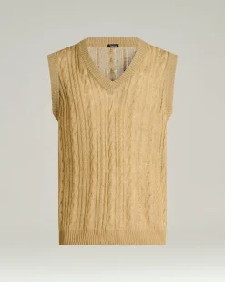 PURE LINEN CABLE KNIT V-NECK SWEATER IN BEIGE