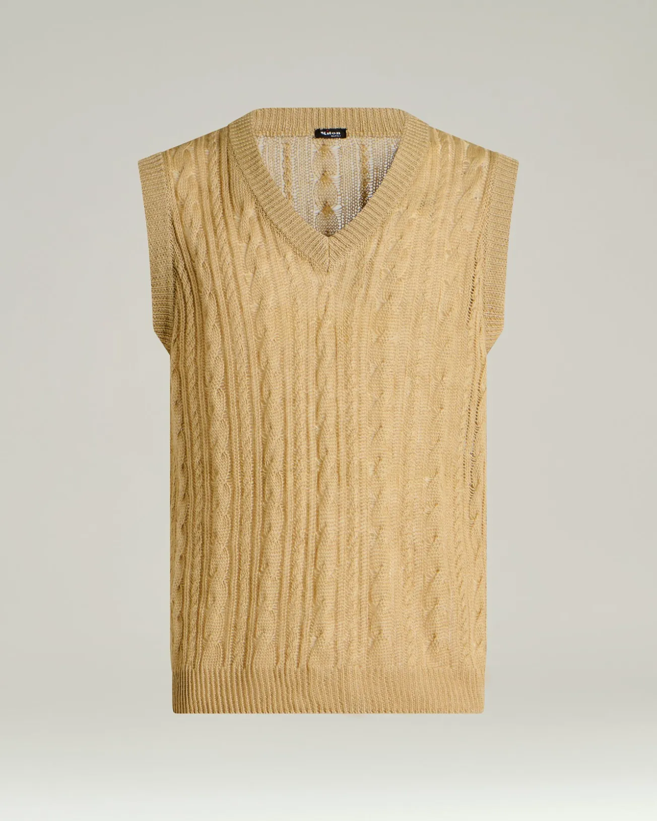 PURE LINEN CABLE KNIT V-NECK SWEATER IN BEIGE