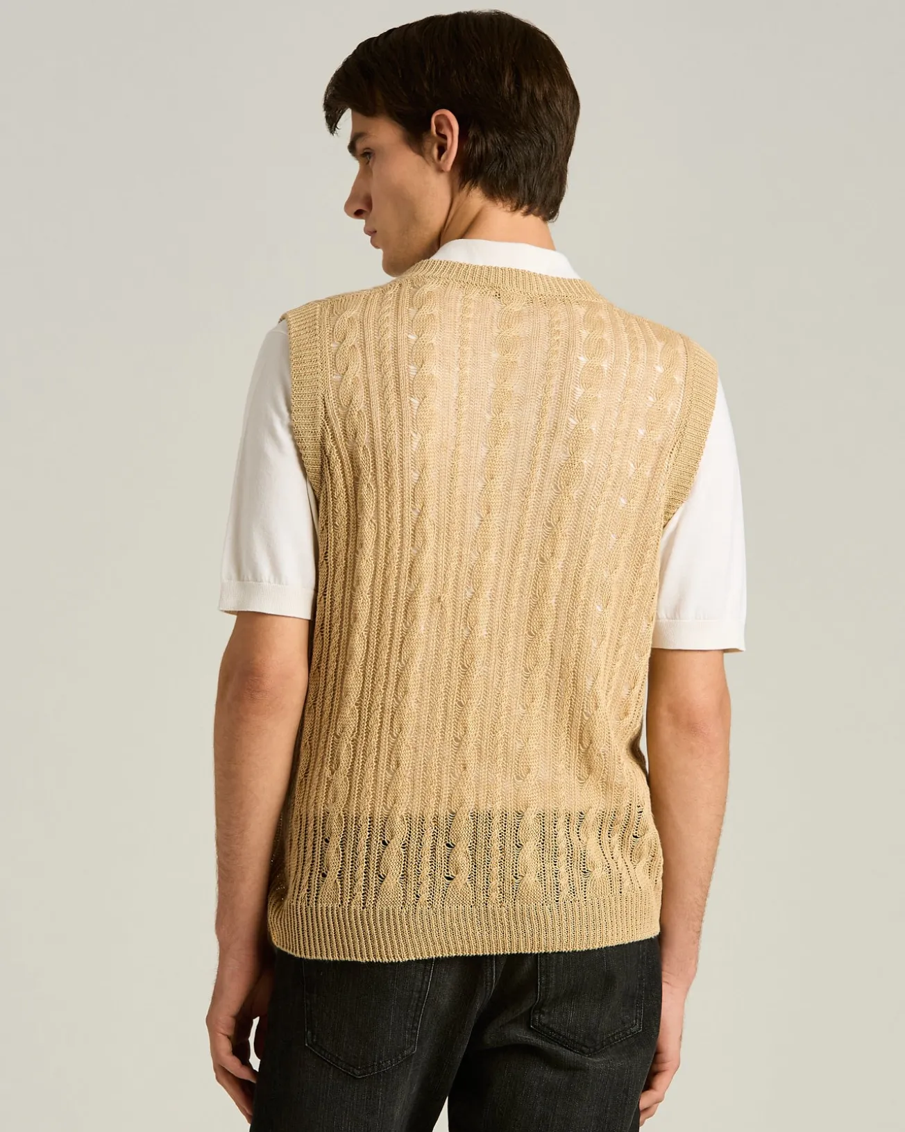 PURE LINEN CABLE KNIT V-NECK SWEATER IN BEIGE
