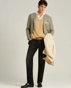 PURE LINEN CABLE KNIT V-NECK SWEATER IN BEIGE