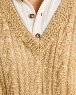 PURE LINEN CABLE KNIT V-NECK SWEATER IN BEIGE