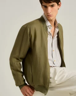 PURE LINEN JACKET WITH ZIP IN KHAKI